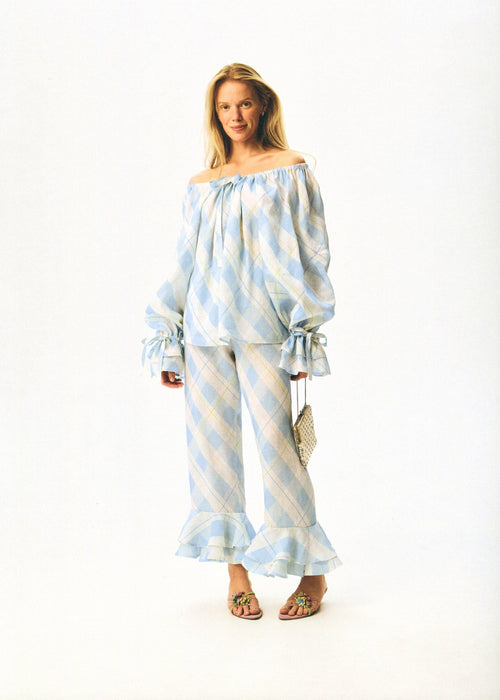 Cha-Cha Lounge Blouse in Blue Plaid
