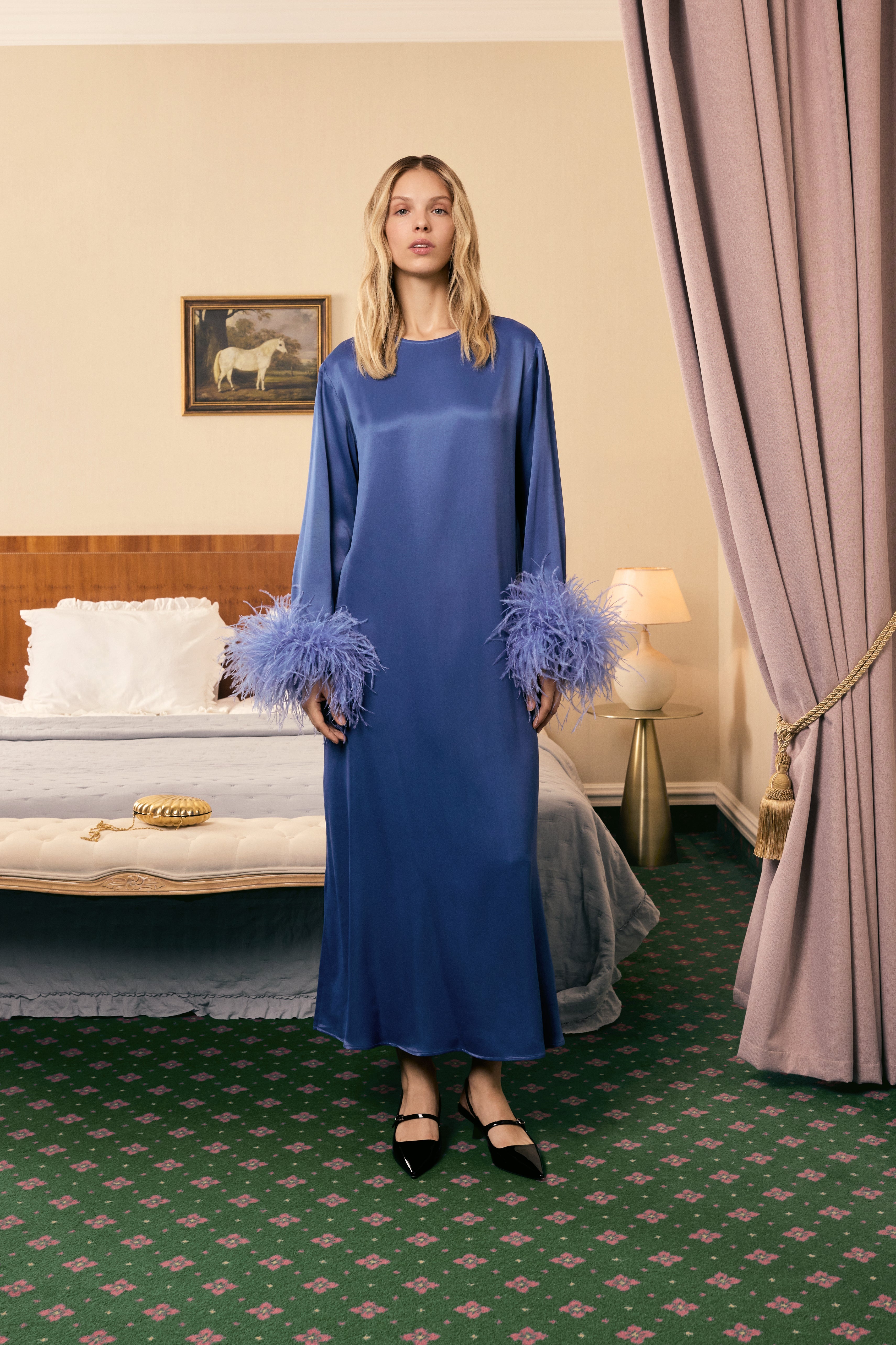 Suzi Maxi Dress with Detachable Feathers in Navy