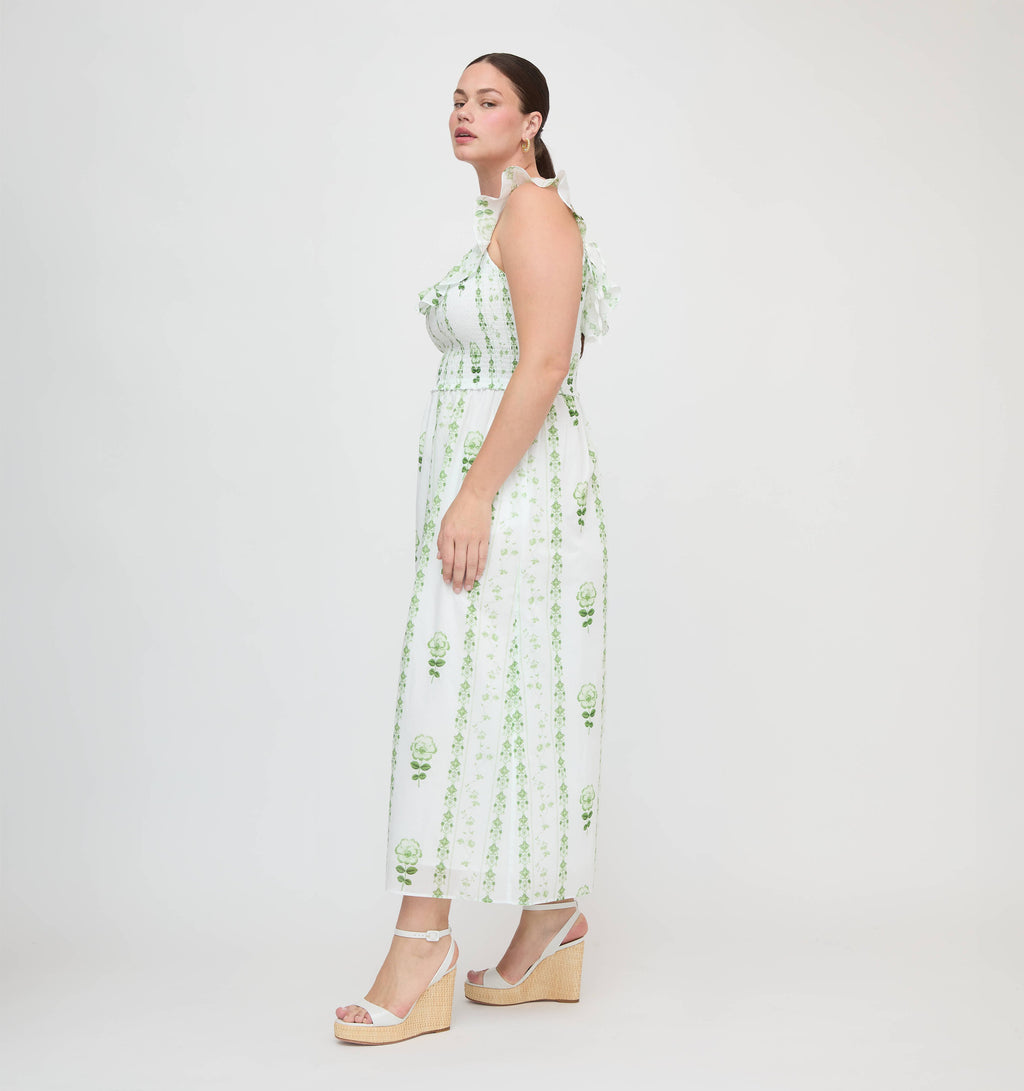 The Cambria Nap Dress - White/Green Arcadia Border