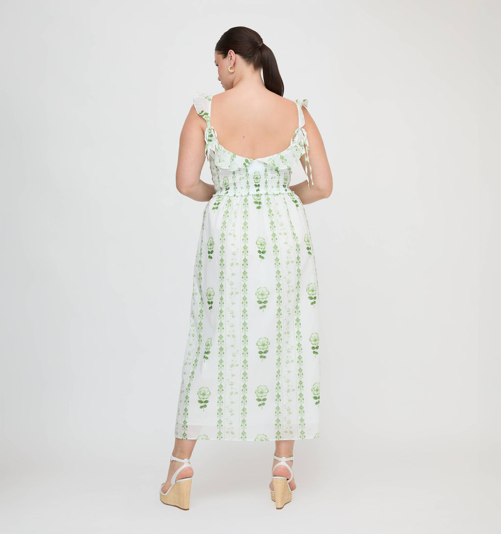 The Cambria Nap Dress - White/Green Arcadia Border