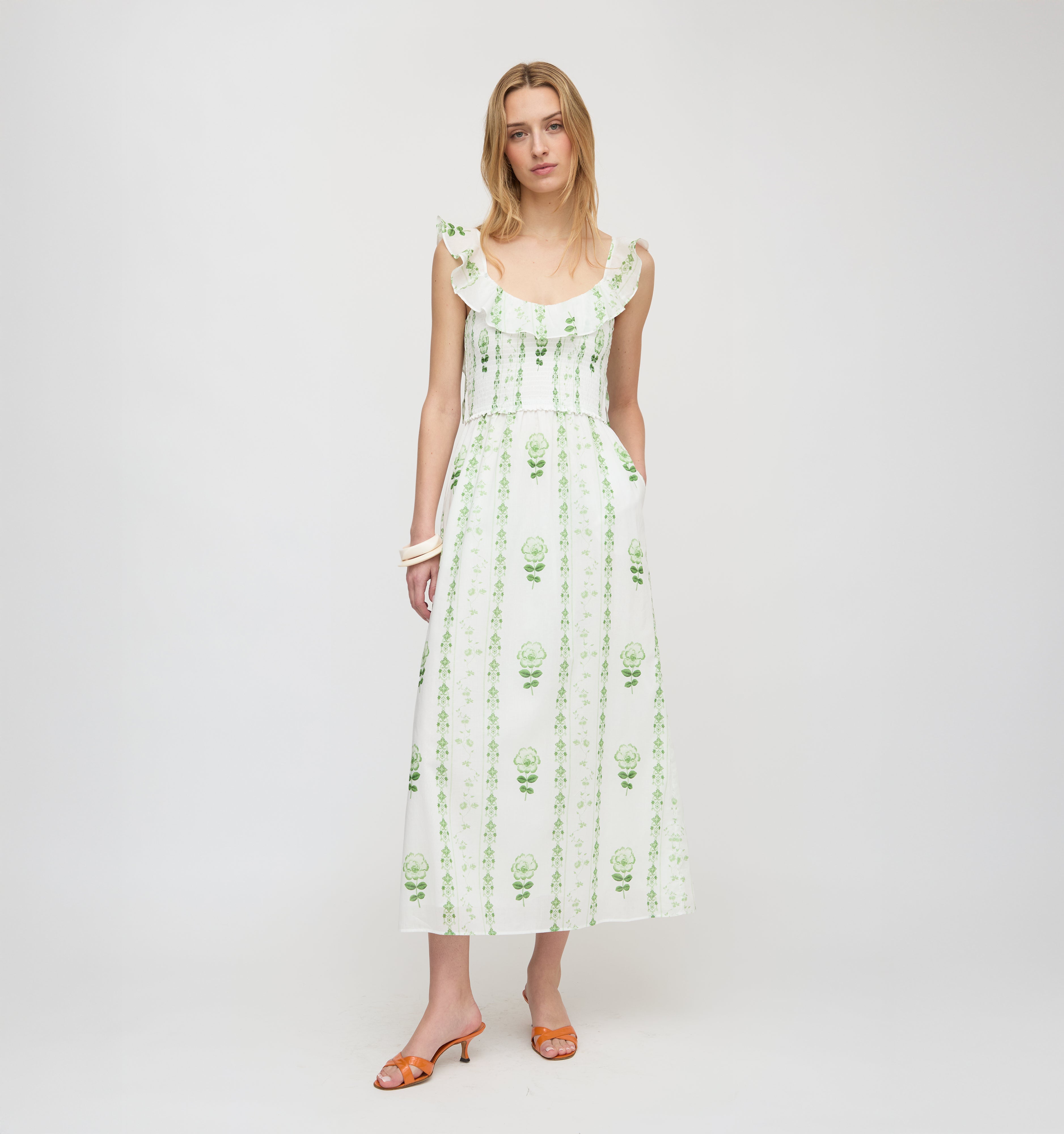 The Cambria Nap Dress - White/Green Arcadia Border