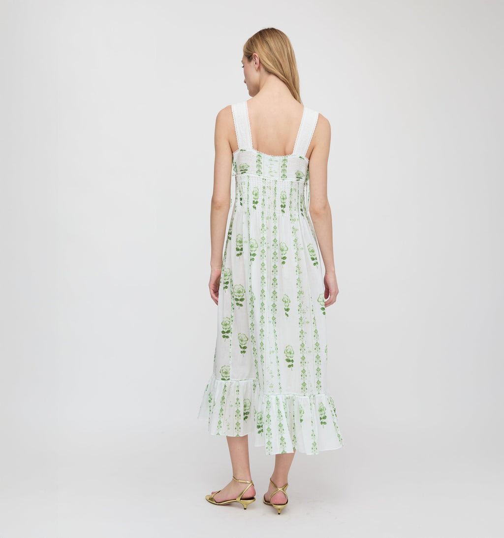 The Lux Nightgown - White/Green Arcadia Border